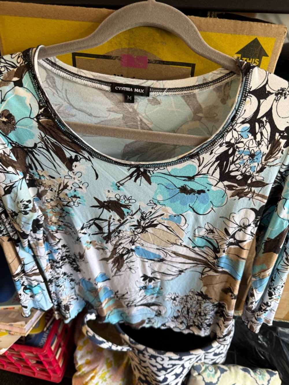 Cynthia Rowley Aqua Floral Long Sleeve Scoop Neck Top